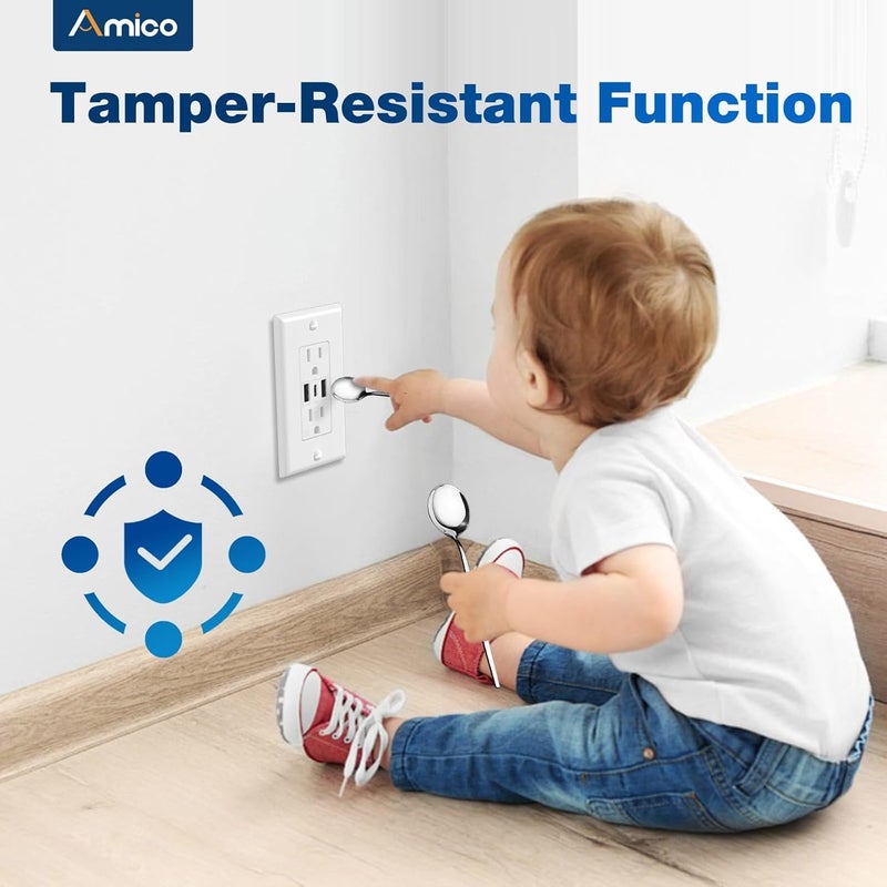 Amico 6.0A USB Outlet 6 Pack, 3-Port 30W Wall Outlets with 2 Type A & 1 Type C, 15 Amp Receptacle Plug, Tamper Resistant Receptacle, Wall Plate Included, ETL Listed, White - Image 4